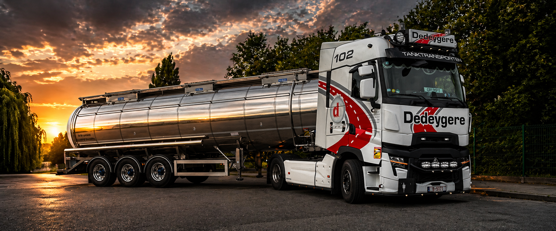 Transport Dedeygere tanktransport bij zonsondergang